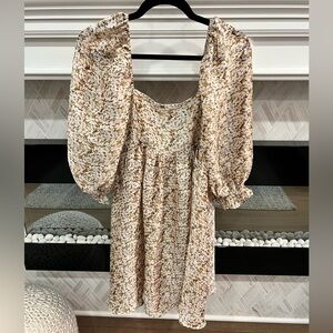 Anna Grace Cream, Beige & Brown Patterned Long Puff Sleeve Dress with Gold S